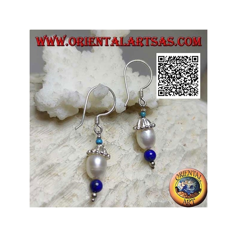 Boucles d'oreilles pendentif chapeau en argent avec turquoise, perle et lapis lazuli