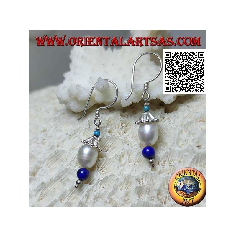 Boucles d'oreilles pendentif chapeau en argent avec turquoise, perle et lapis lazuli