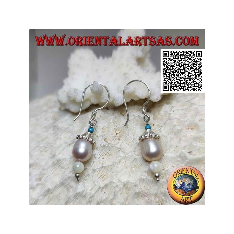 Boucles d'oreilles pendentif chapeau en argent avec turquoise, perle et nacre