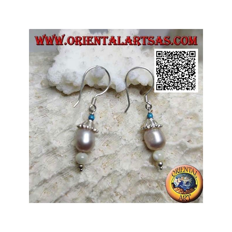 Silver hat pendant earrings with turquoise, pearl and mother of pearl