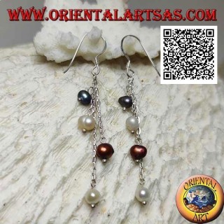 Pendientes de plata con 4 hebras de cadena colgante con perla multicolor final