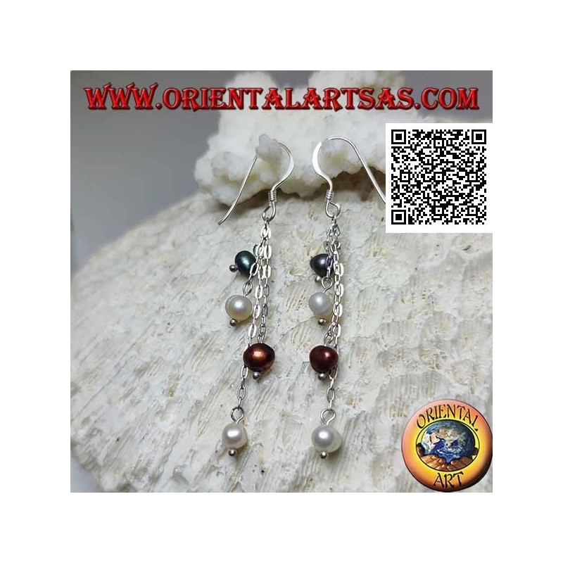 Orecchini in argento con 4 fili di catena pendenti con perla multicolor finale