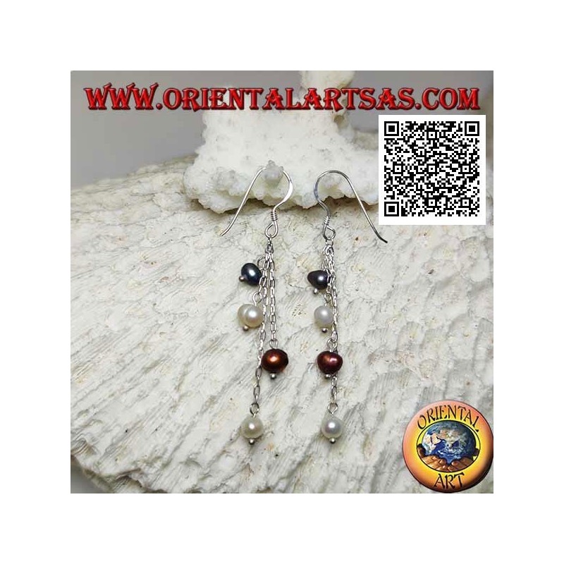Pendientes de plata con 4 hebras de cadena colgante con perla multicolor final