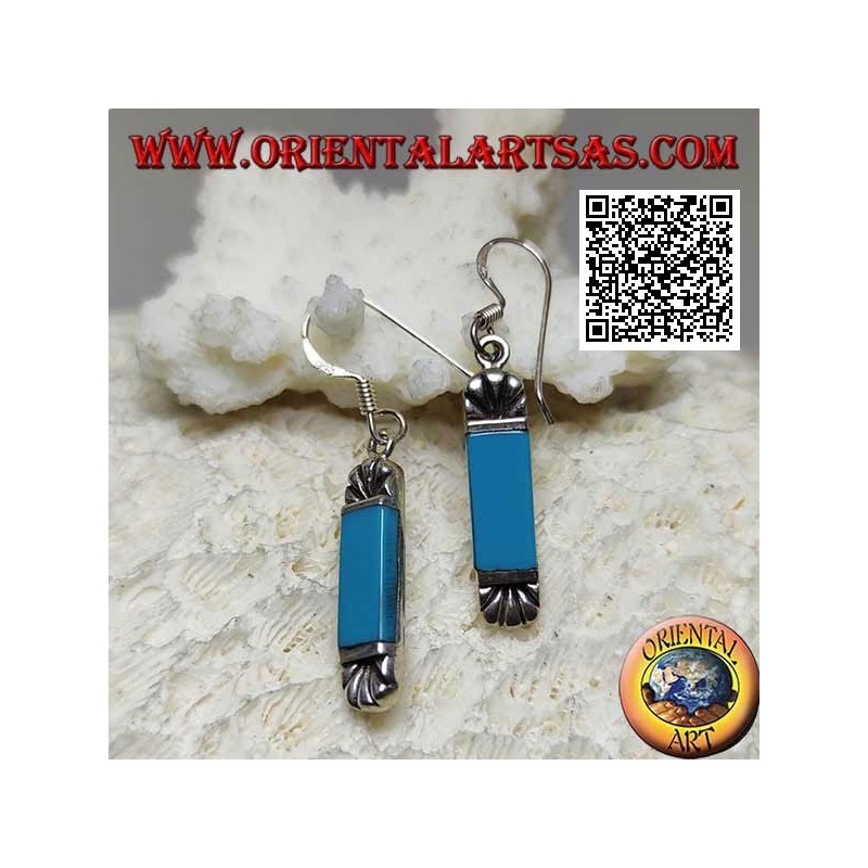 Boucles d'oreilles en argent avec turquoise rectangulaire et éventail gravé dessus et dessous