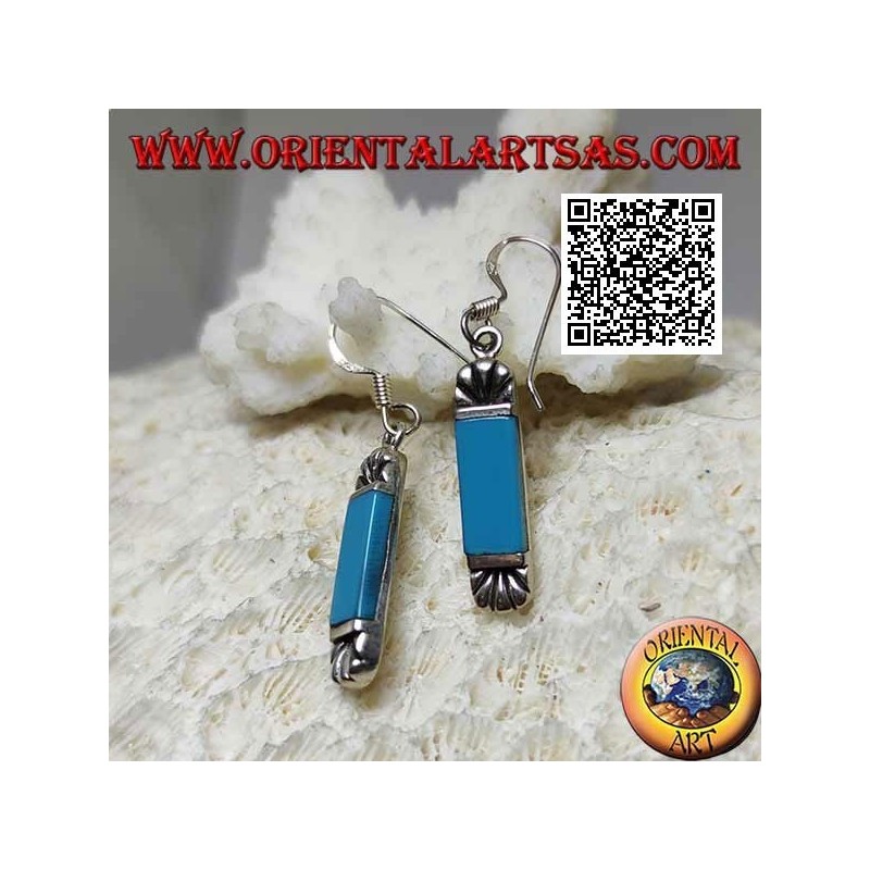 Boucles d'oreilles en argent avec turquoise rectangulaire et éventail gravé dessus et dessous
