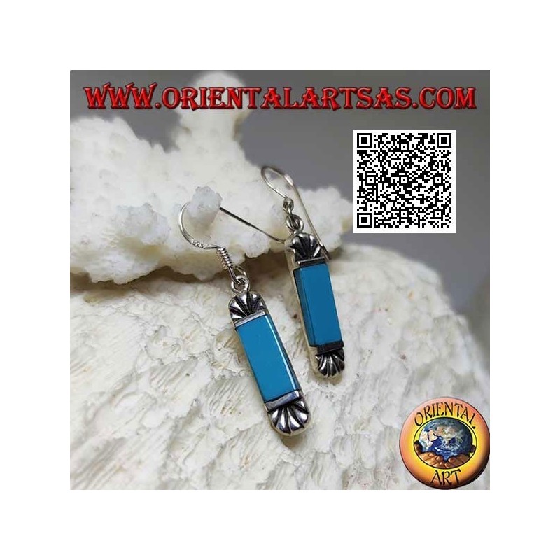 Pendientes de plata con turquesa rectangular y abanico grabado arriba y abajo