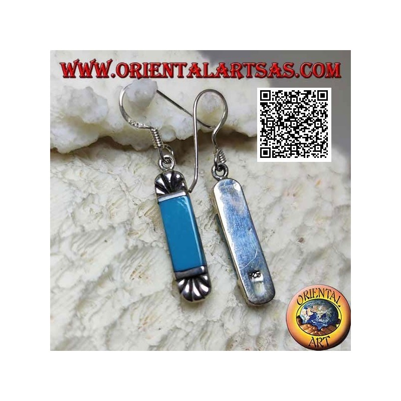 Silver earrings with rectangular turquoise and engraved fan above and below