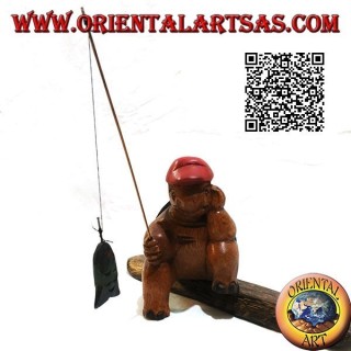 Tartaruga pescatrice con pipa e canna da pesca in legno di teak dipinta a mano (piccola)