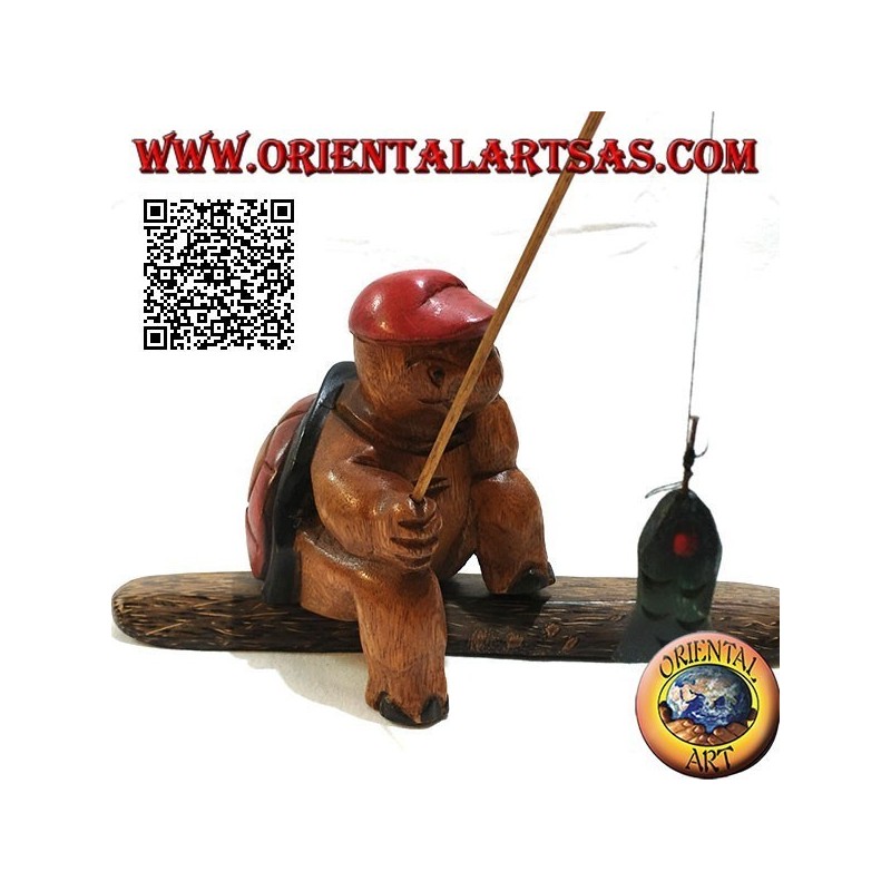 Tartaruga pescatrice con pipa e canna da pesca in legno di teak dipinta a mano (piccola)