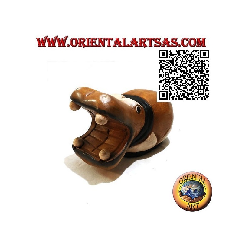 Hand painted sculpture of a hippo, in teak wood (small)
