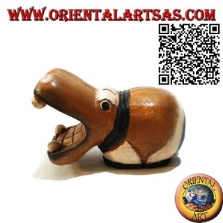 Scultura di un ippopotamo dipinta a mano, in legno di teak (piccola)