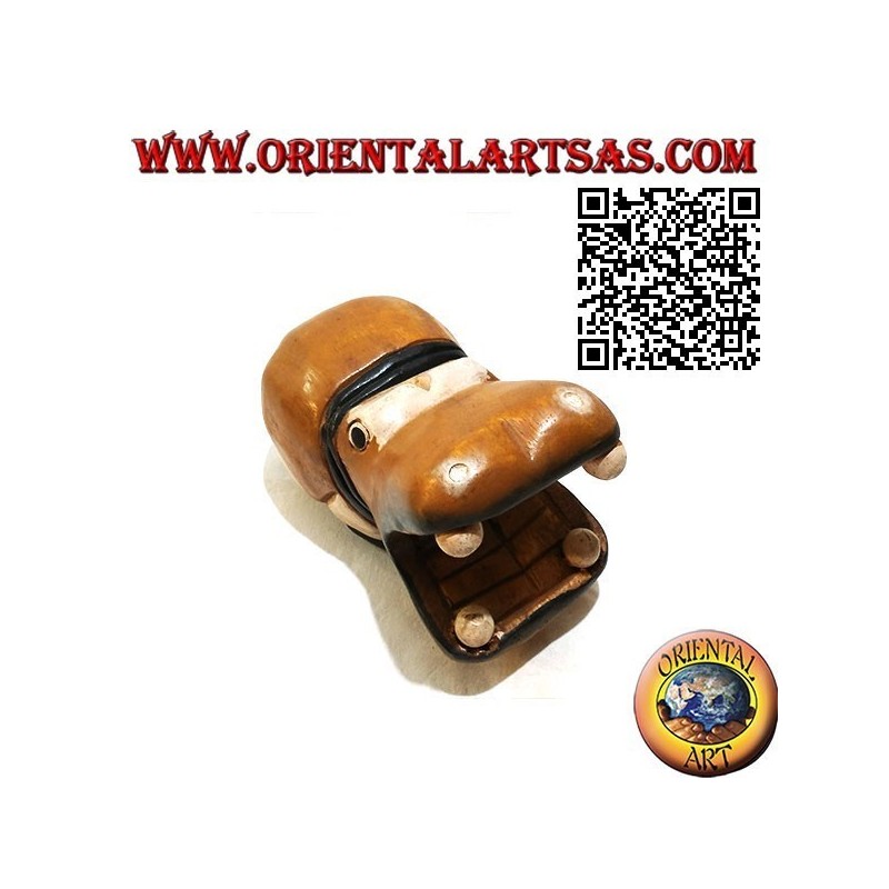 Hand painted sculpture of a hippo, in teak wood (small)