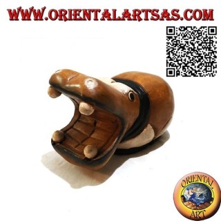 Hand painted sculpture of a hippo, in teak wood (large)