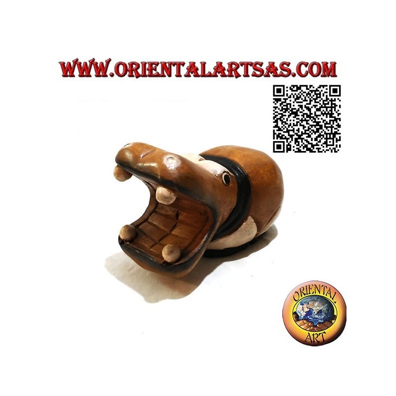 Hand painted sculpture of a hippo, in teak wood (large)