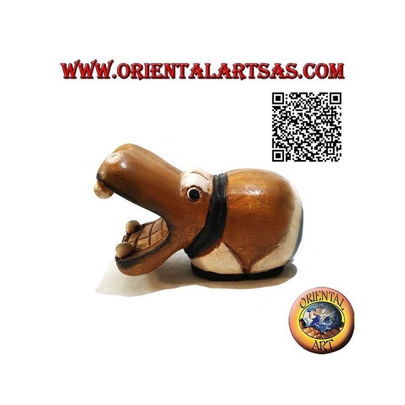 Handgemalte Skulptur eines Nilpferds aus Teakholz (groß)
