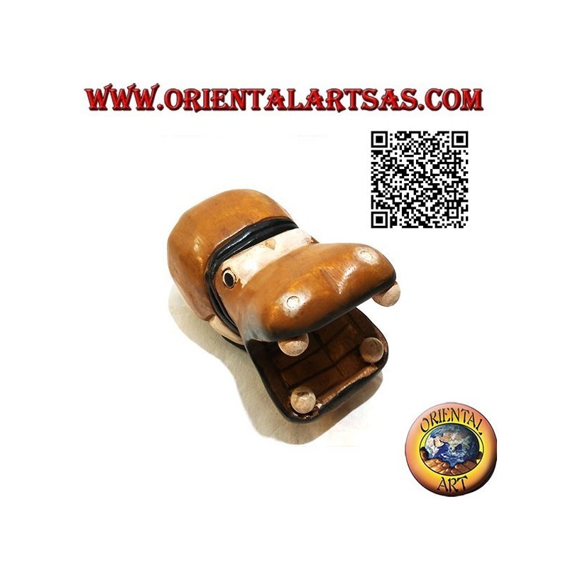 Hand painted sculpture of a hippo, in teak wood (large)