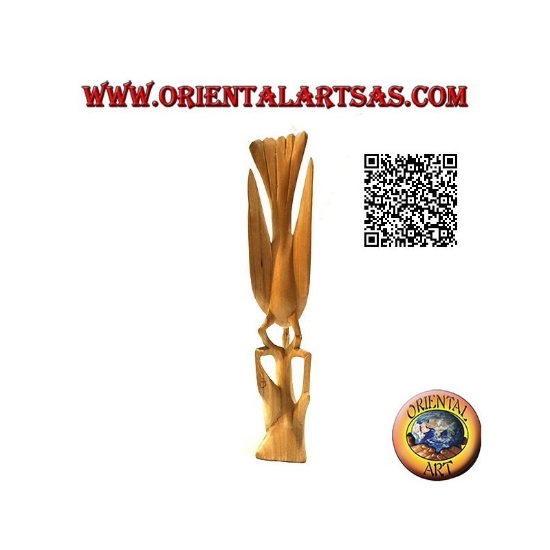 Sculpture of a pheasant on a branch with its young in 22 cm hibiscus wood