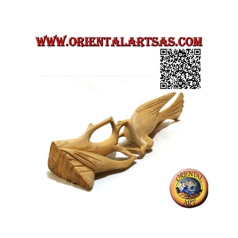 Sculpture d'un faisan sur une branche avec ses petits en bois d'hibiscus 22 cm