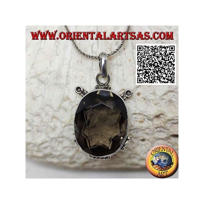 Silver pendant with beautiful faceted oval smoky quartz on smooth frame with inserts
