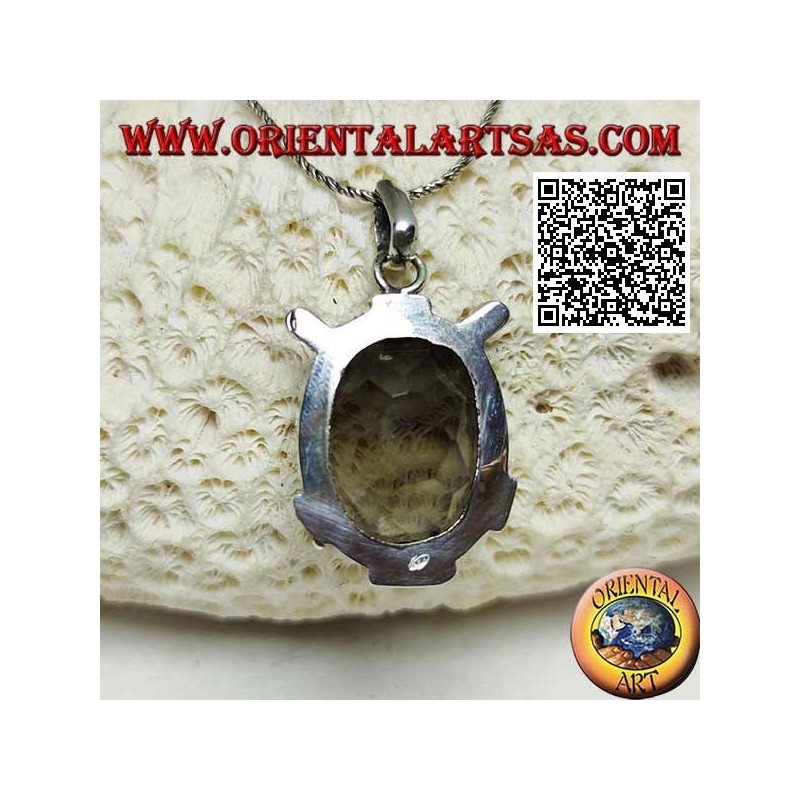 Pendentif en argent avec beau quartz fumé ovale facetté sur monture lisse avec inserts