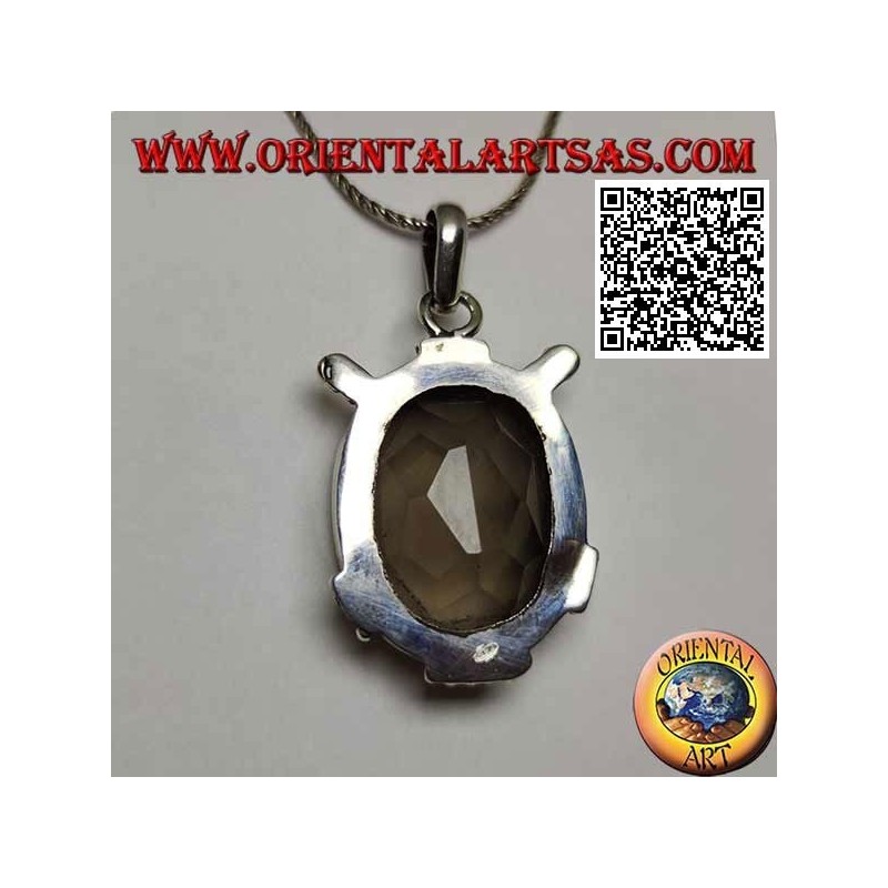 Pendentif en argent avec beau quartz fumé ovale facetté sur monture lisse avec inserts