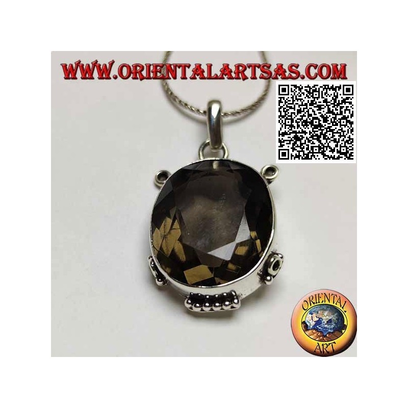 Silver pendant with beautiful faceted oval smoky quartz on smooth frame with inserts
