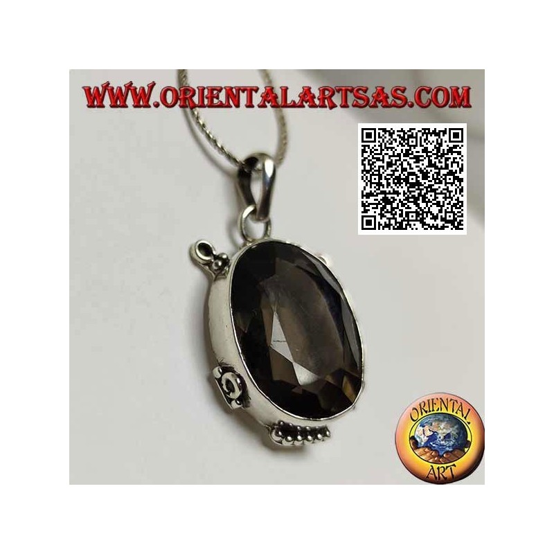 Silver pendant with beautiful faceted oval smoky quartz on smooth frame with inserts