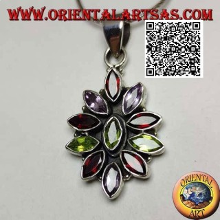 Silver pendant with 11 garnets, peridot and alternating faceted shuttle zircons