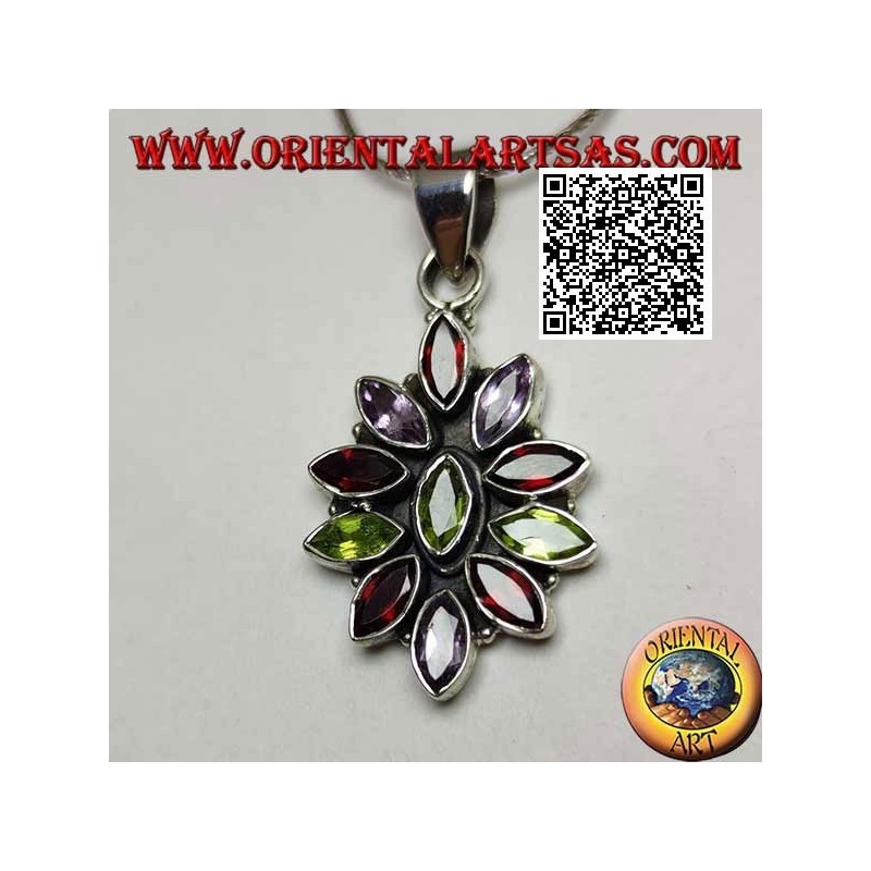 Pendentif en argent avec 11 grenats, péridot et alternance de zircons navettes facettés
