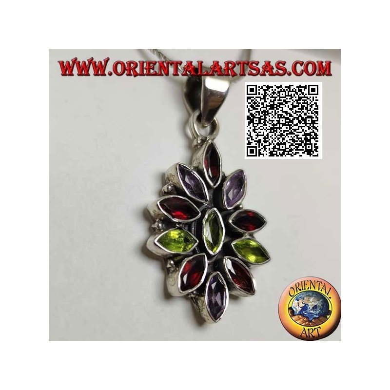 Silver pendant with 11 garnets, peridot and alternating faceted shuttle zircons
