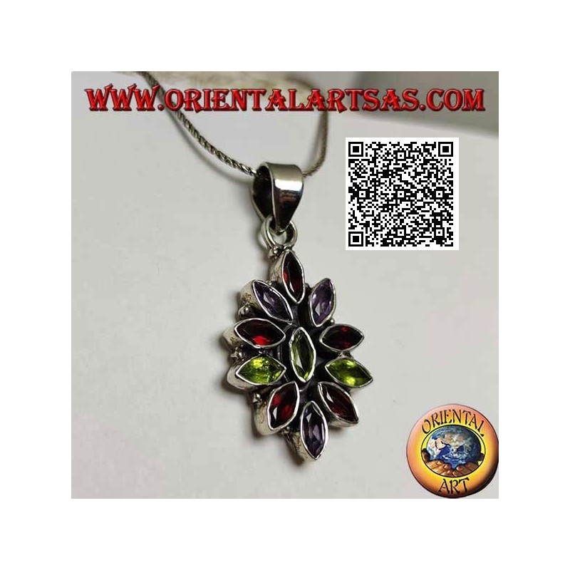 Silver pendant with 11 garnets, peridot and alternating faceted shuttle zircons