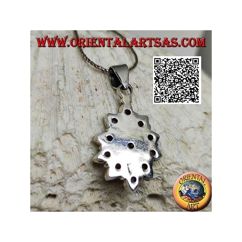 Silver pendant with 11 garnets, peridot and alternating faceted shuttle zircons