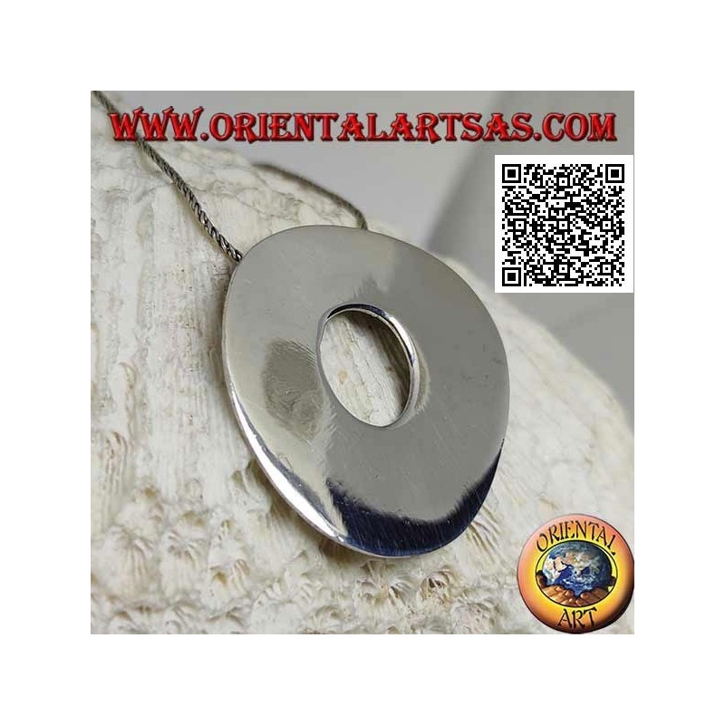 Smooth silver pendant in the shape of a large irregular disc in the Neolithic rock style