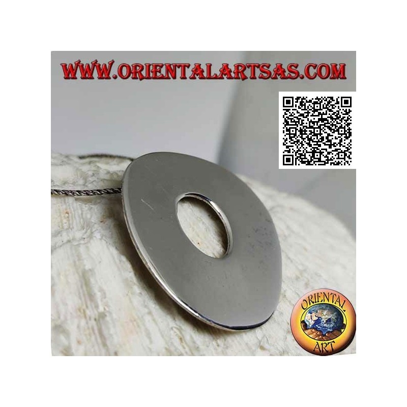 Smooth silver pendant in the shape of a large irregular disc in the Neolithic rock style