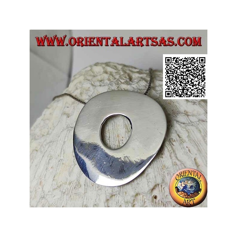 Smooth silver pendant in the shape of a large irregular disc in the Neolithic rock style