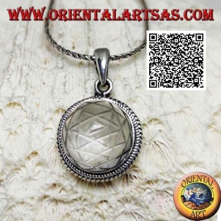 Silver pendant with Sri Yantra engraved on round cabochon rock crystal surrounded by double weaving