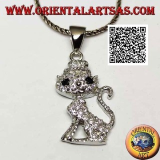 Pendentif en argent en forme de chat avec un chapeau parsemé de zircons blancs et d'yeux noirs