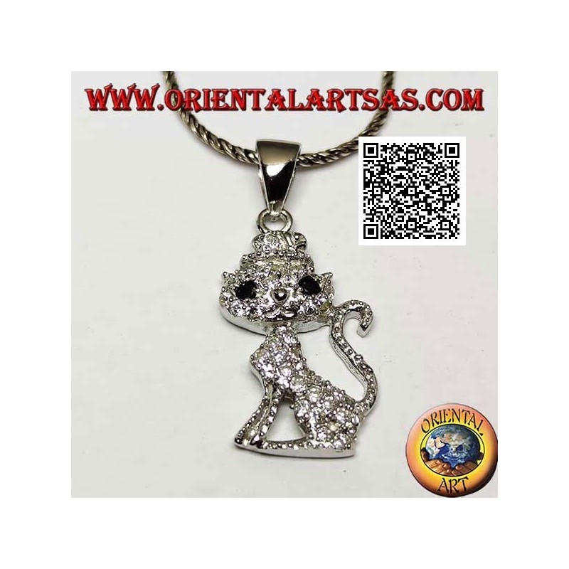 Silver pendant in the shape of a cat with a hat studded with white zircons and black eyes