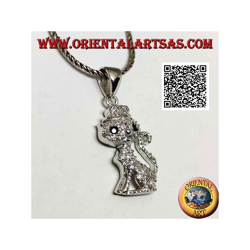Pendentif en argent en forme de chat avec un chapeau parsemé de zircons blancs et d'yeux noirs