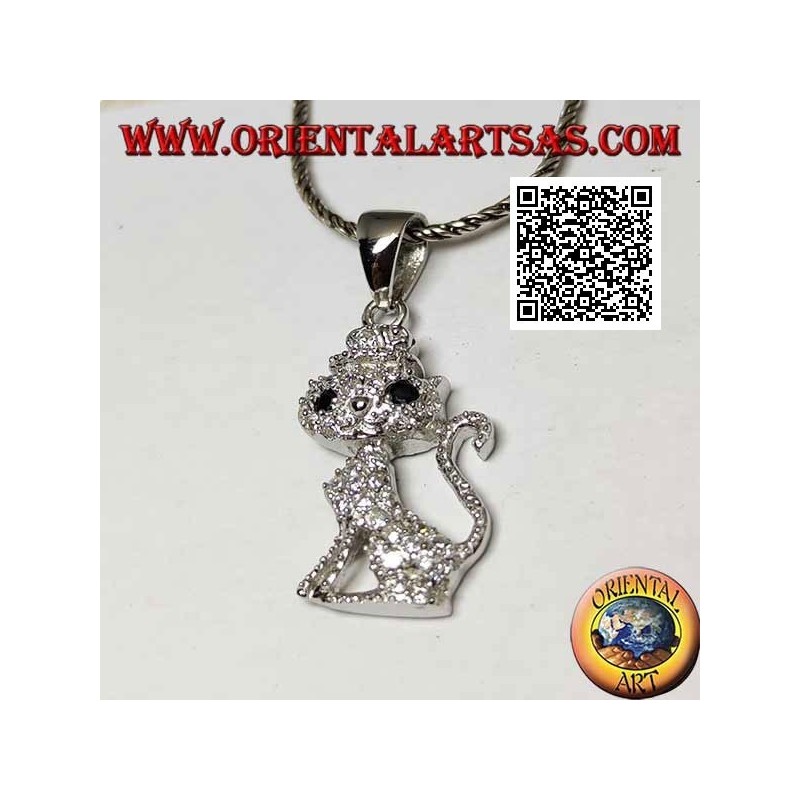 Silver pendant in the shape of a cat with a hat studded with white zircons and black eyes
