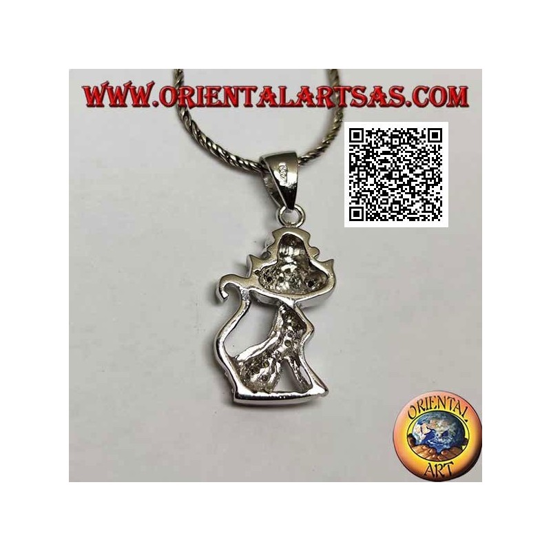 Pendentif en argent en forme de chat avec un chapeau parsemé de zircons blancs et d'yeux noirs