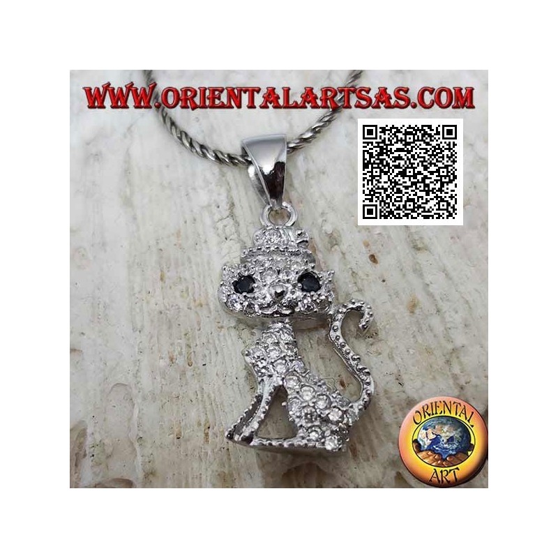 Silver pendant in the shape of a cat with a hat studded with white zircons and black eyes