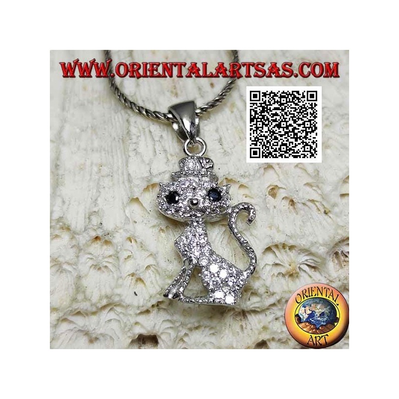Pendentif en argent en forme de chat avec un chapeau parsemé de zircons blancs et d'yeux noirs