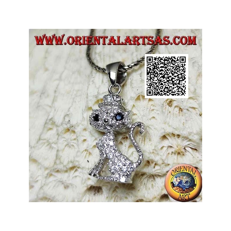 Ciondolo in argento a forma di gatto con cappello tempestato di zirconi bianchi e occhi neri