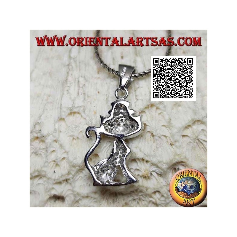 Silver pendant in the shape of a cat with a hat studded with white zircons and black eyes