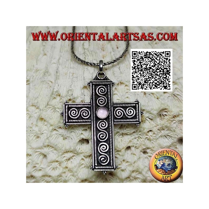 Silver Latin cross pendant with central round amethyst and S-shaped spiral decoration