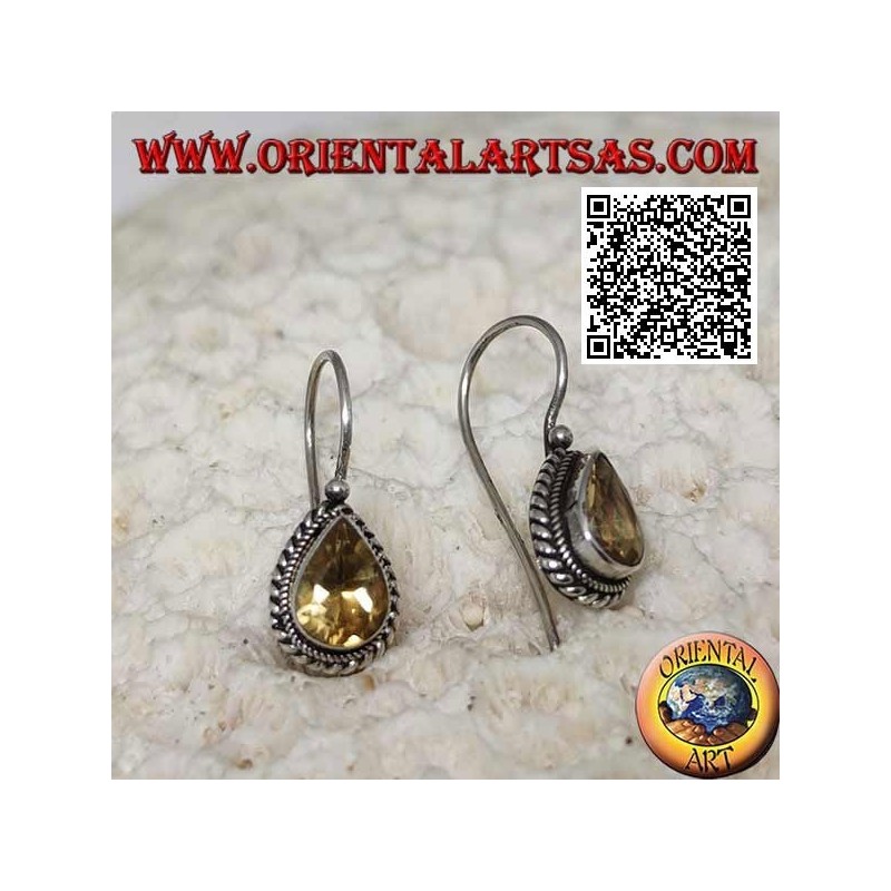 Boucles d'oreilles en argent avec topaze jaune en forme de larme naturelle entourées de tissage