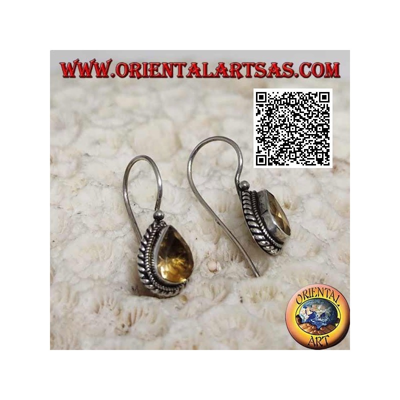 Silver earrings with natural teardrop yellow topaz surrounded by weaving