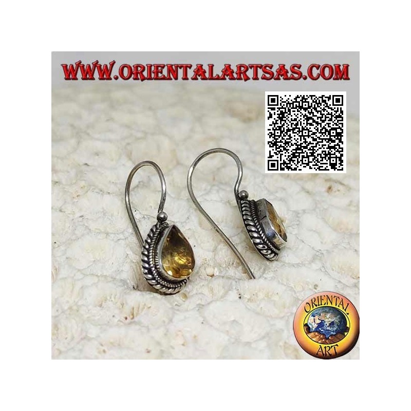 Silver earrings with natural teardrop yellow topaz surrounded by weaving