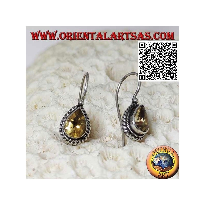 Silver earrings with natural teardrop yellow topaz surrounded by weaving